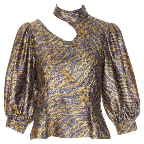 Ganni metallic tiger lurex lame puff sleeve cut out top
